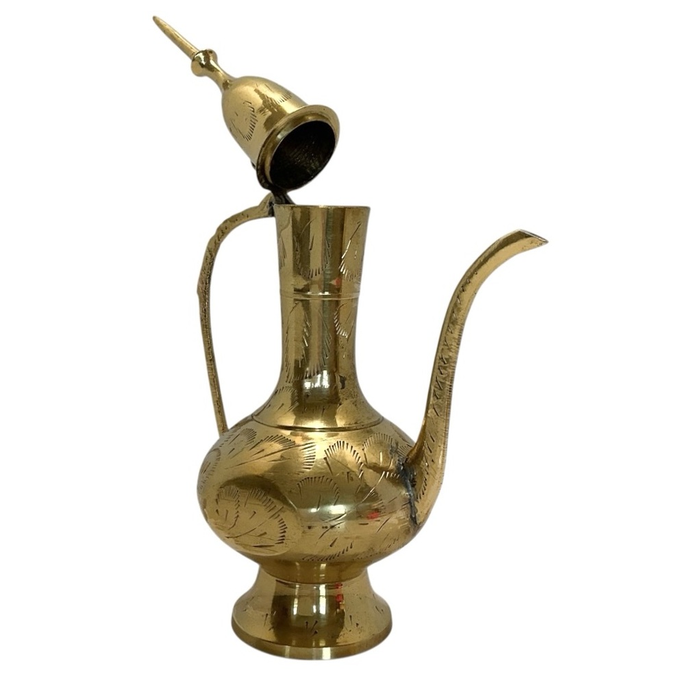 Brass Lidded Teapot Aftaba Arabian Pitcher Engraved Collectible India 1970s VTG